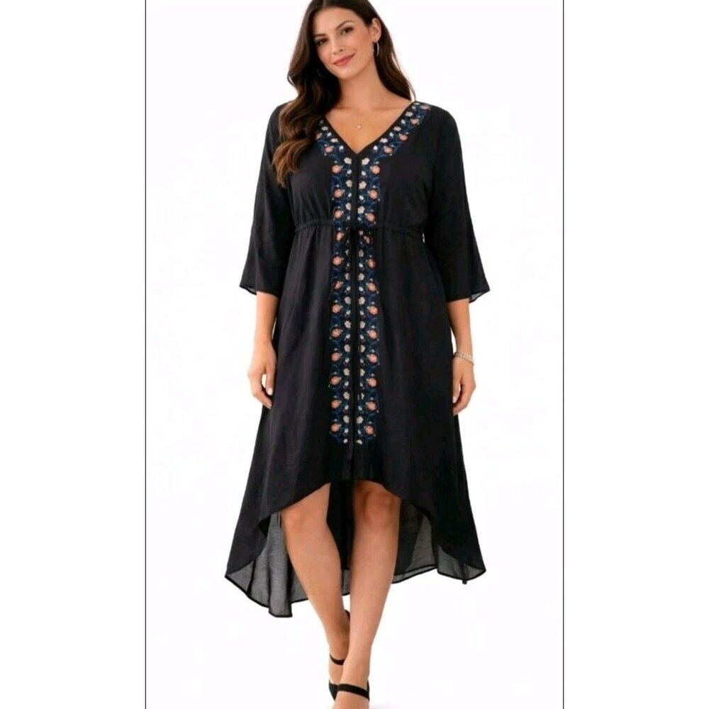 Womens Boho Asymmetrical Dress Embroidered Hi Lo Flared Sleeve Medium Black